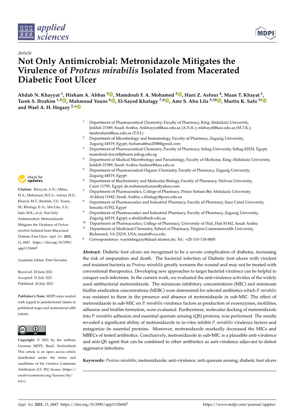 Metronidazole Mitigates the Virulence of Proteus Mirabilis Isolated from Macerated Diabetic Foot Ulcer