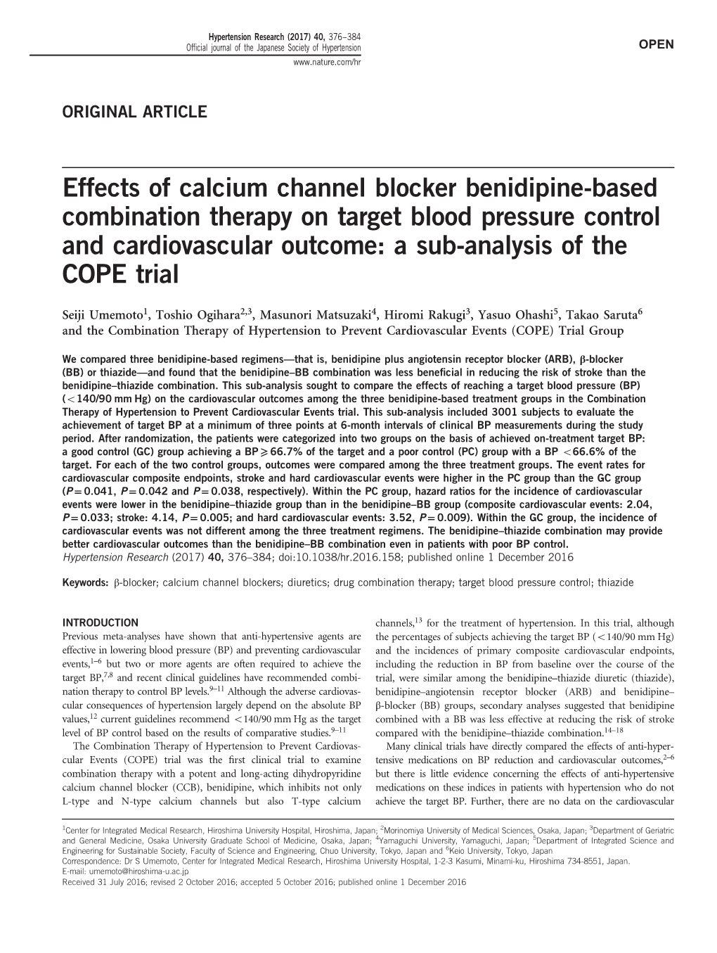 Effects of Calcium Channel Blocker Benidipine-Based Combination Therapy on Target Blood Pressure Control and Cardiovascular Outcome: a Sub-Analysis of the COPE Trial