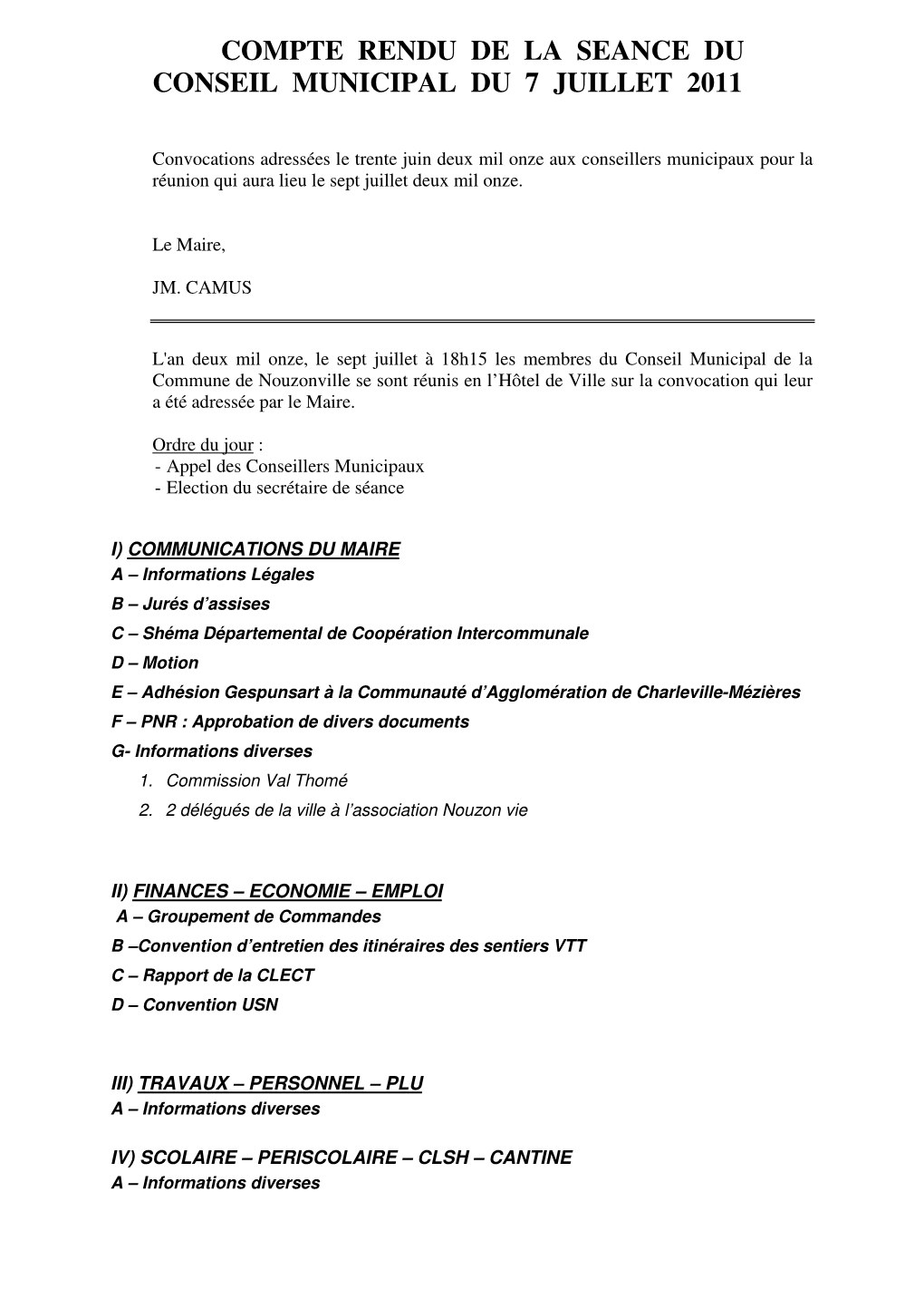 Compte Rendu De La Seance Du Conseil Municipal Du 7 Juillet 2011