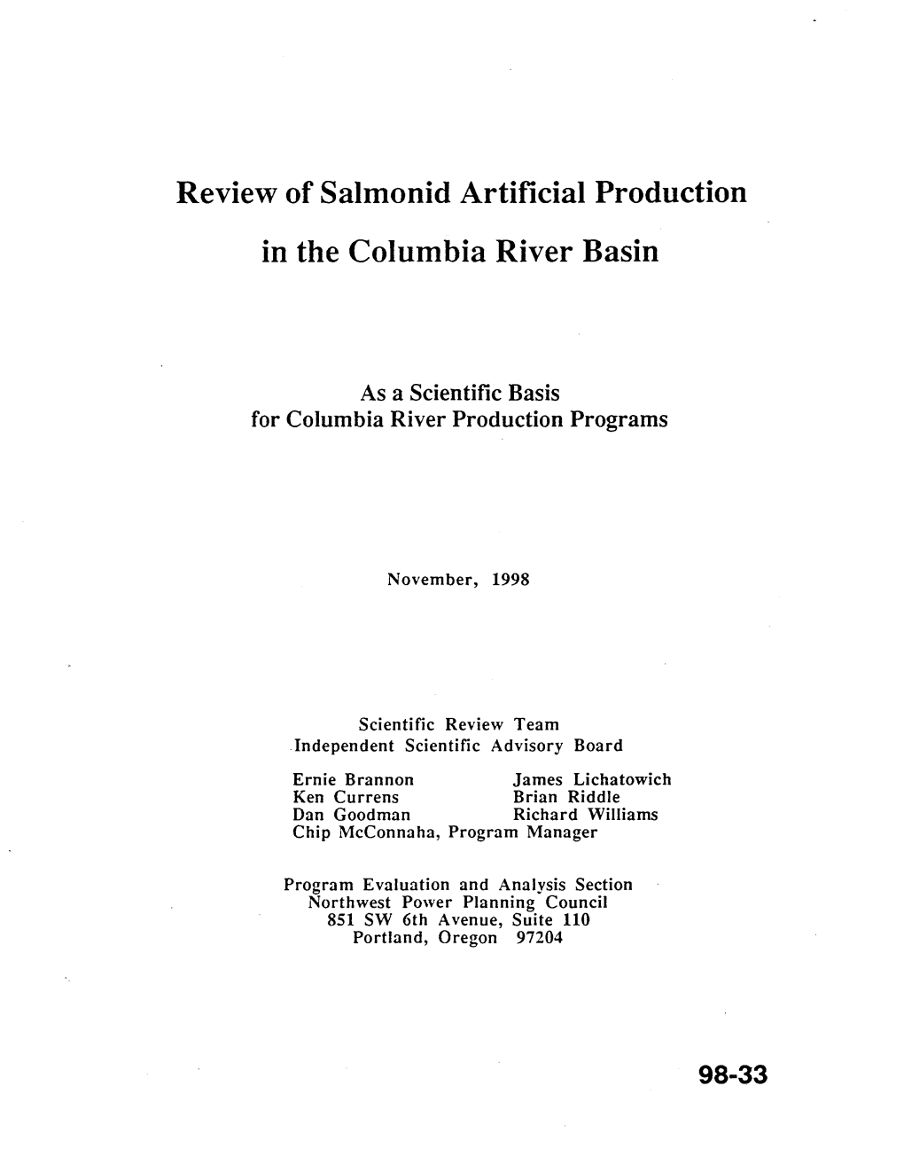 Review of Salmonid Artificial Production in the Columbia River Basin