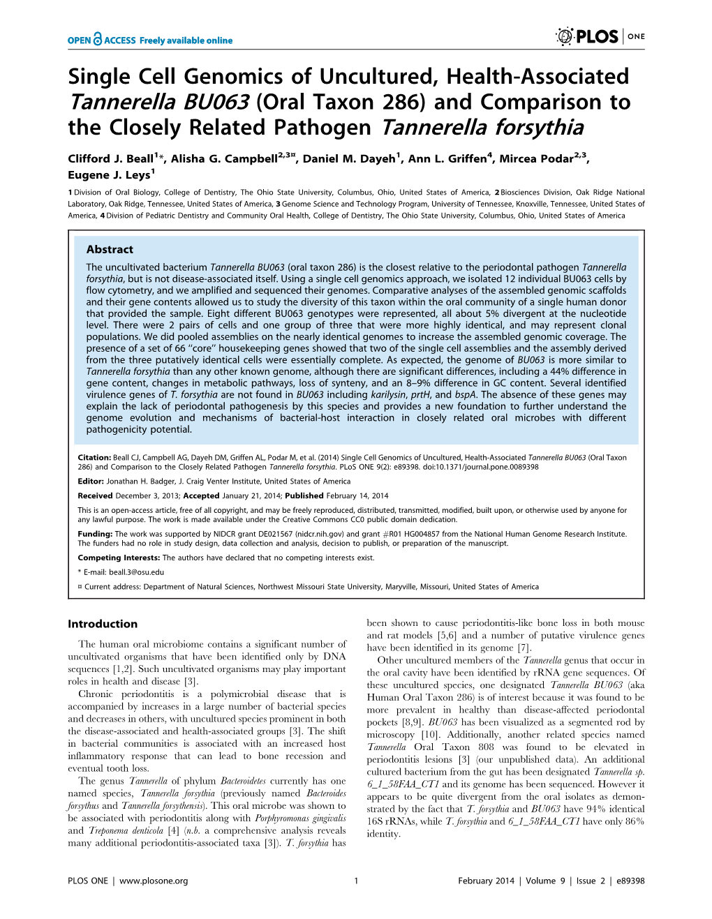 Tannerella BU063 (Oral Taxon 286) and Comparison to the Closely Related Pathogen Tannerella Forsythia