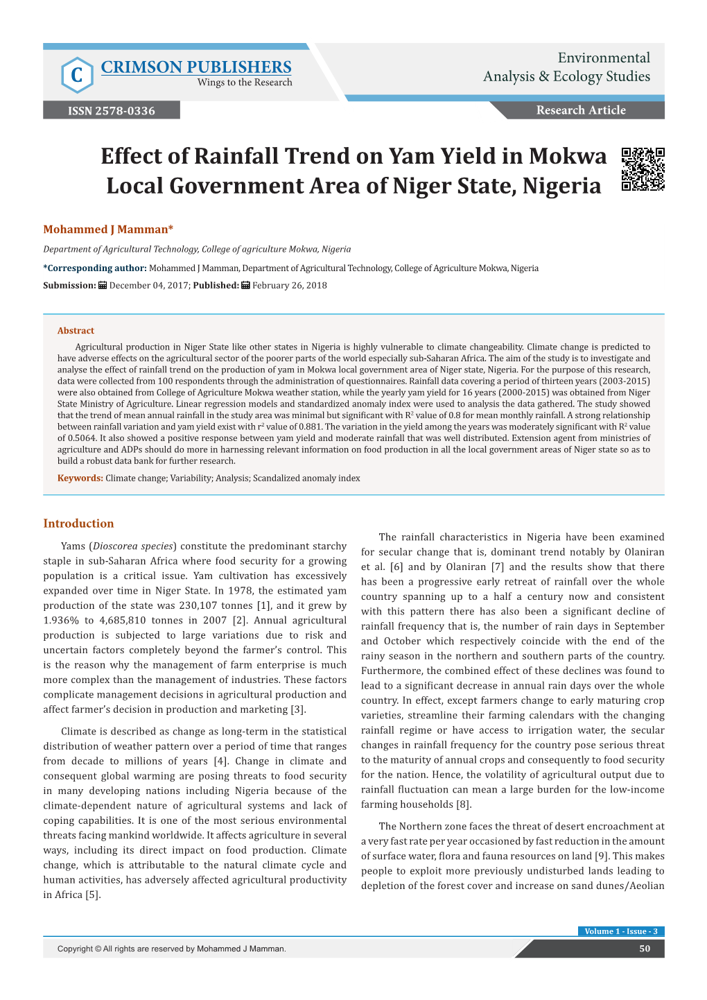 Effect of Rainfall Trend on Yam Yield in Mokwa Local Government Area of Niger State, Nigeria