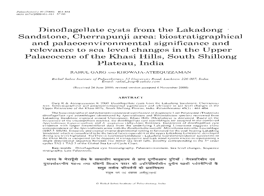 Dinoflagellate Cysts from the Lakadong Sandstone, Cherrapunji