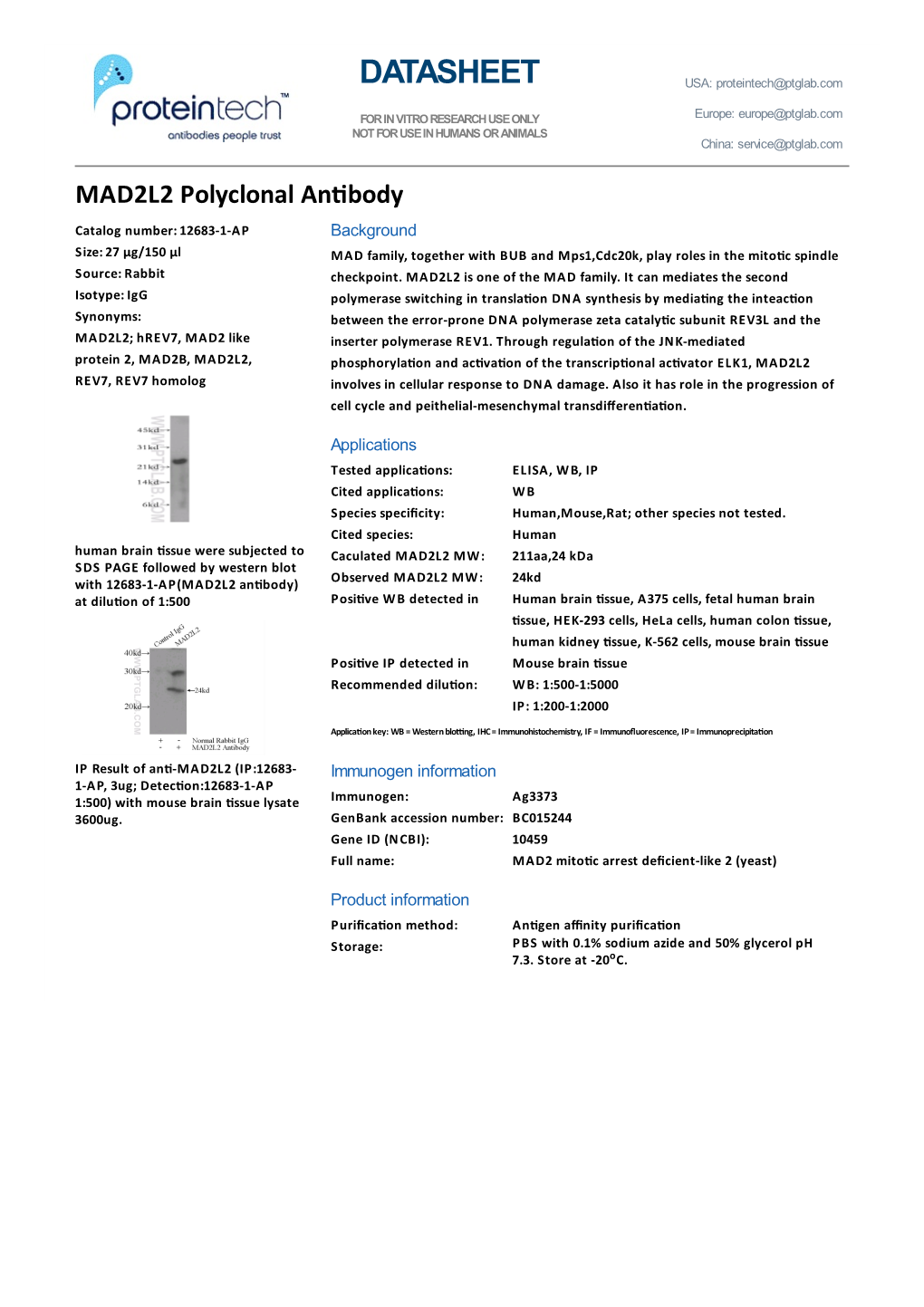 DATASHEET USA: Proteintech@Ptglab.Com