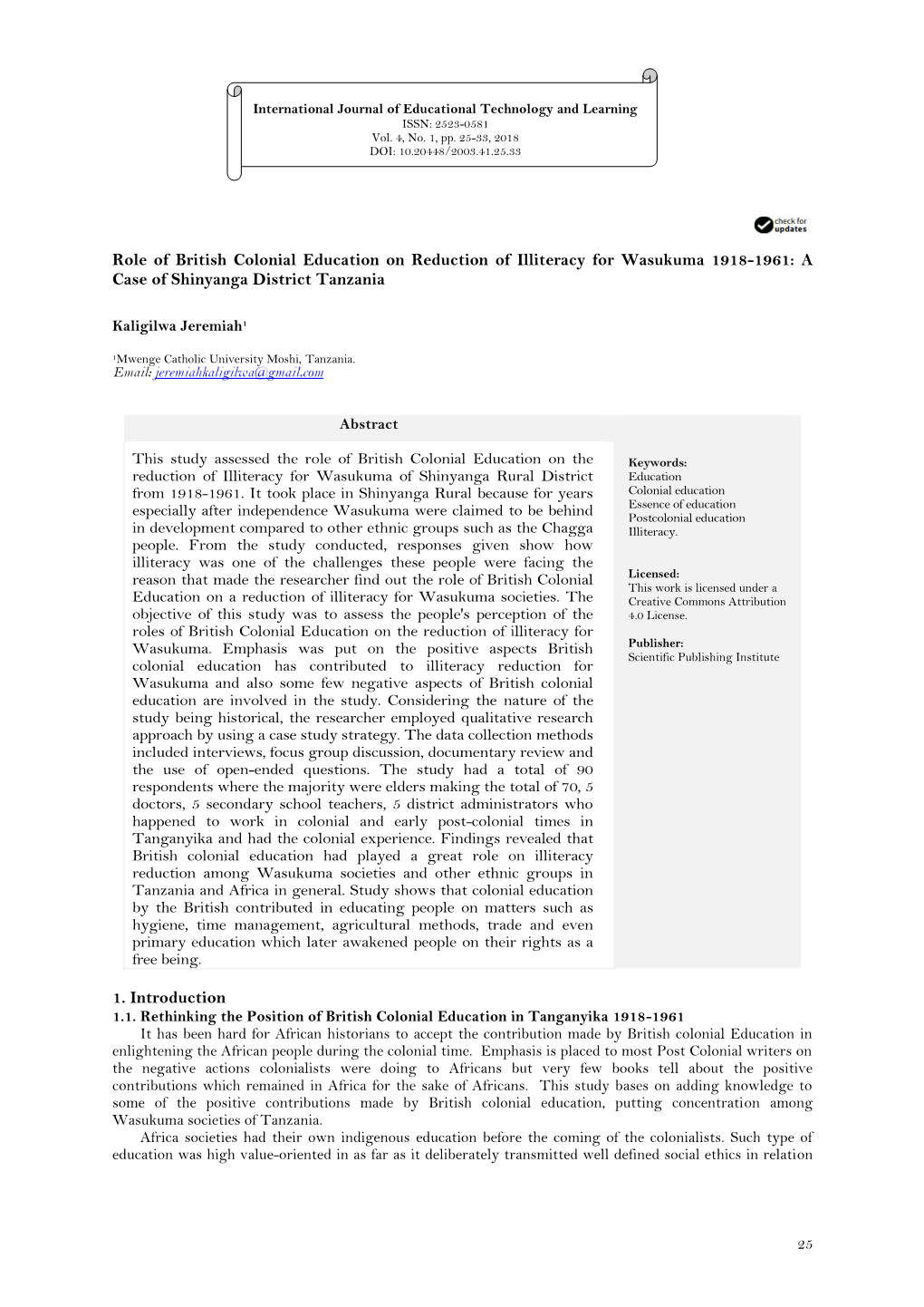 Role of British Colonial Education on Reduction of Illiteracy for Wasukuma 1918-1961: a Case of Shinyanga District Tanzania