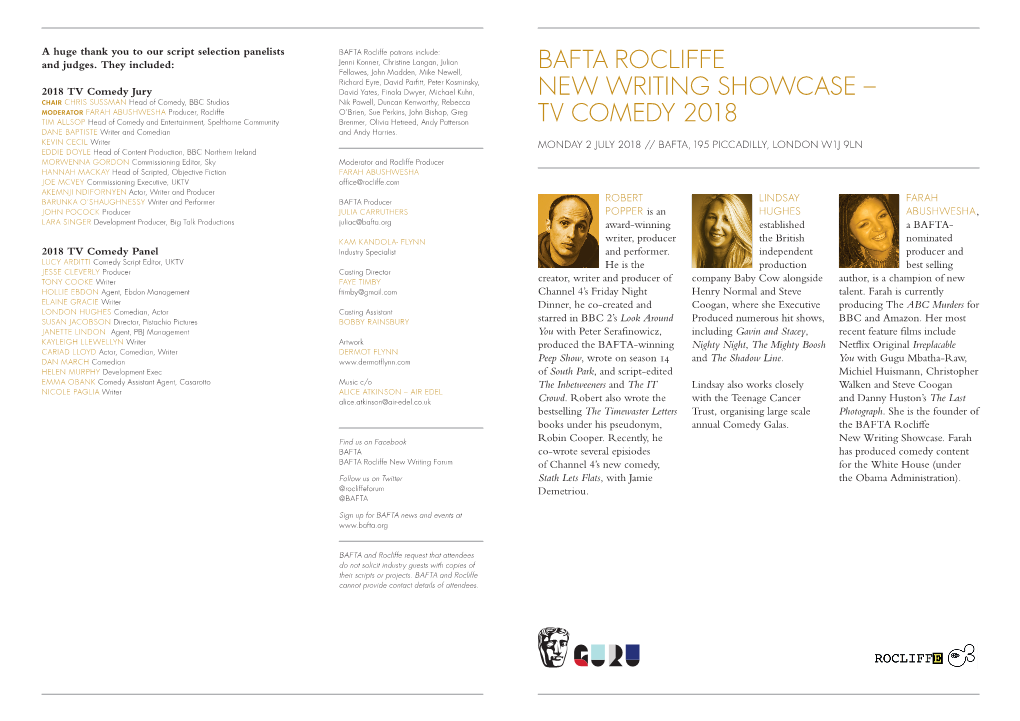 Bafta Rocliffe New Writing Showcase – Tv Comedy 2018