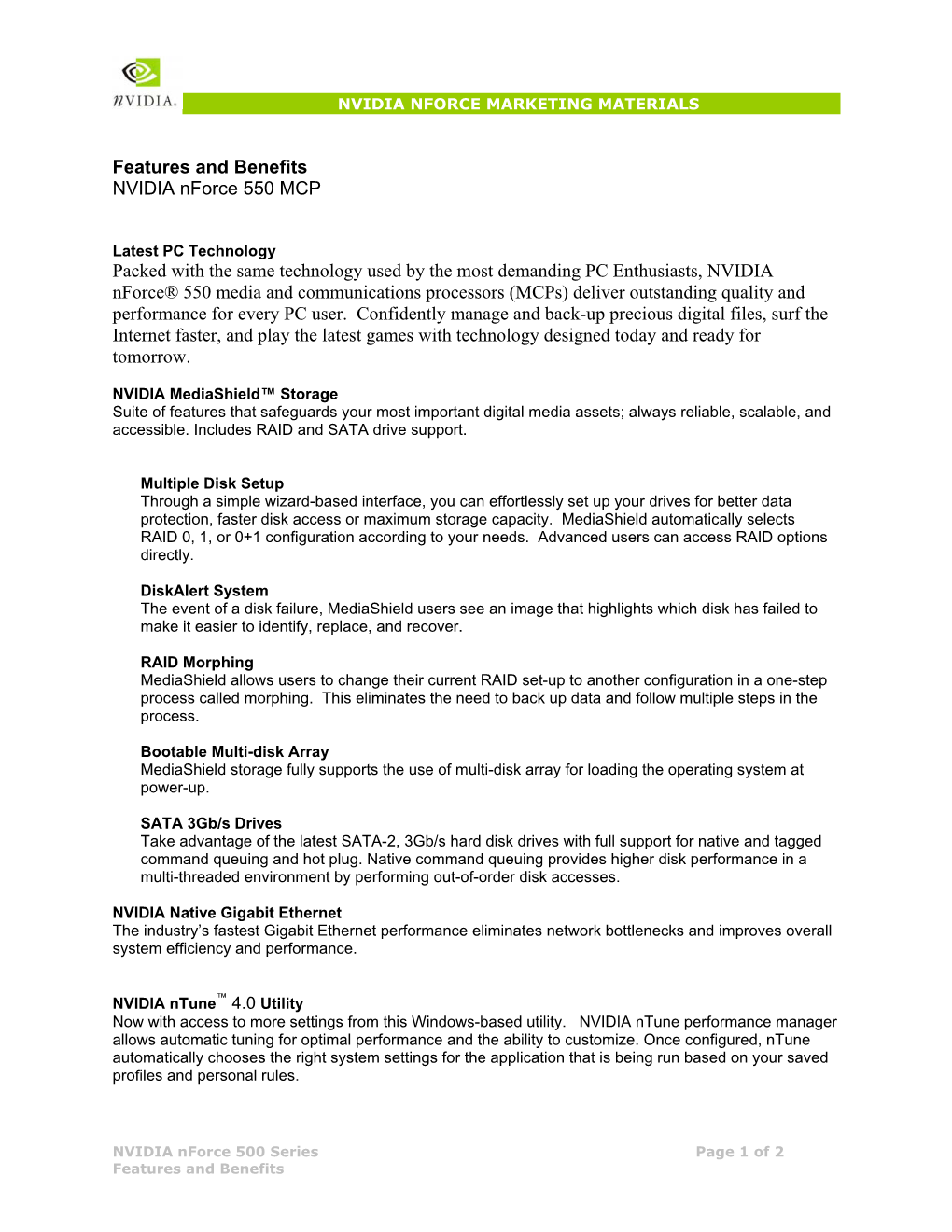 Features and Benefits NVIDIA Nforce 550 MCP