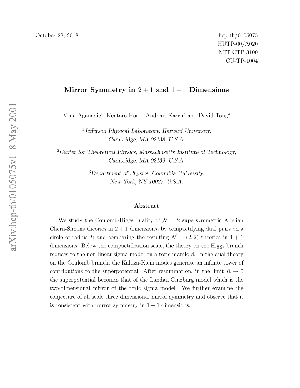 Mirror Symmetry in 2+ 1 and 1+ 1 Dimensions