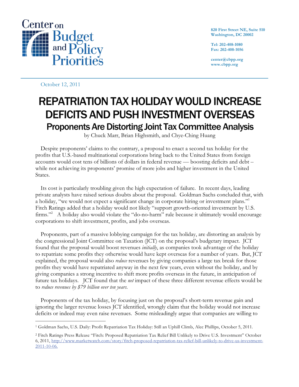 Repatriation Tax Holiday Would Increase Deficits