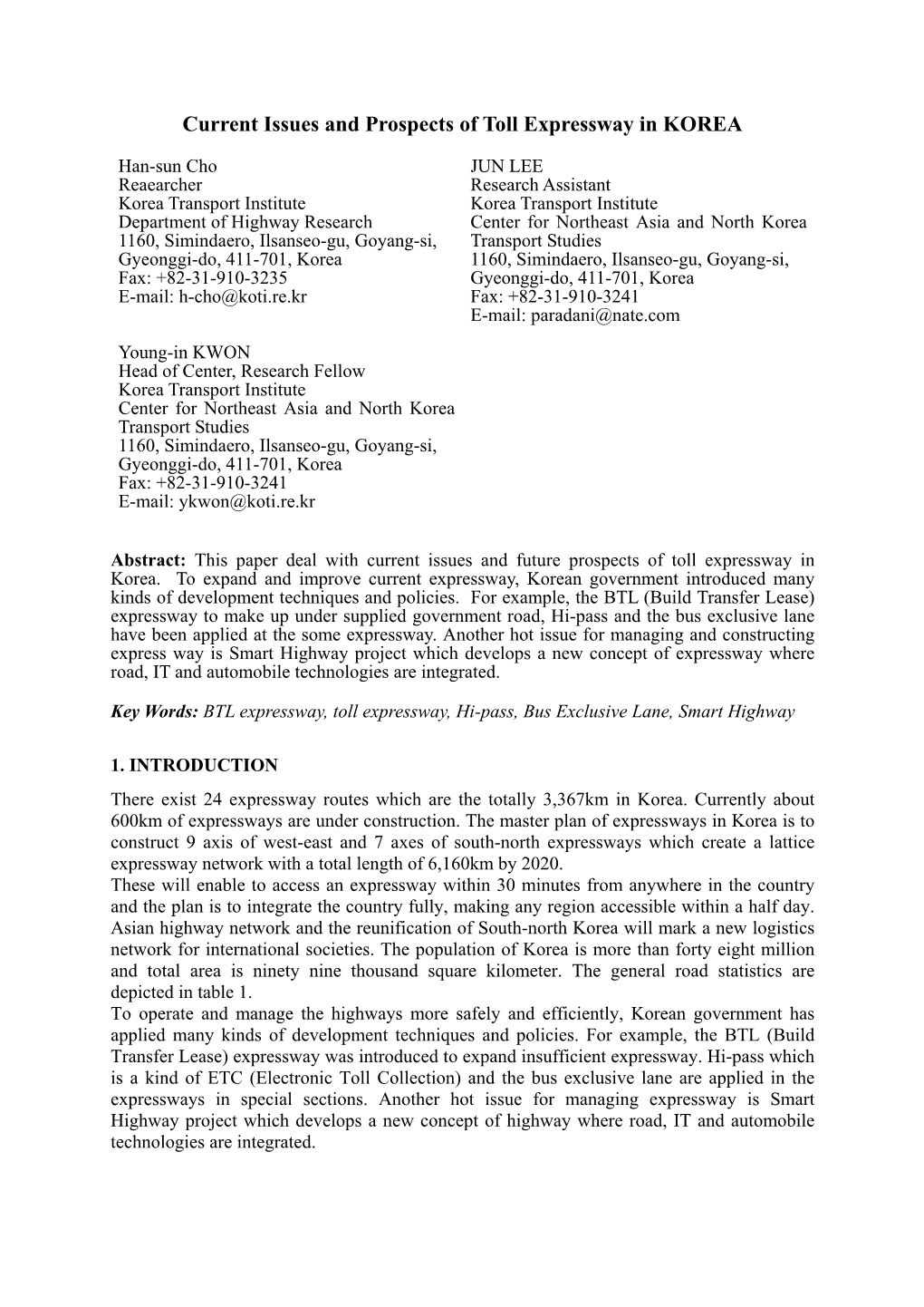 Current Issues and Prospects of Toll Expressway in KOREA