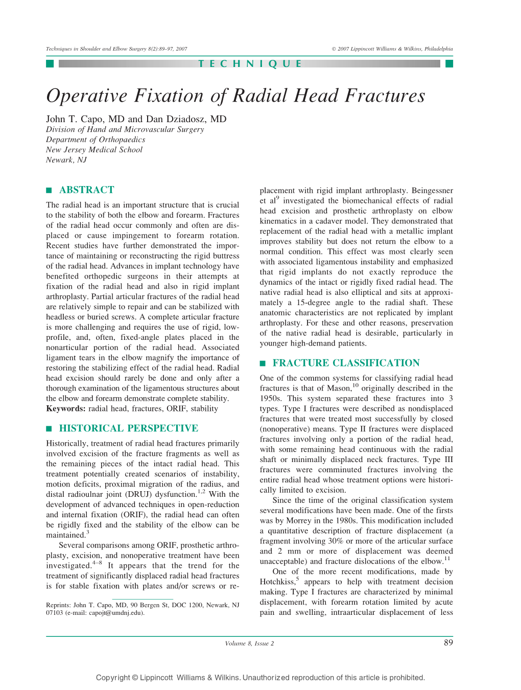 Operative Fixation of Radial Head Fractures John T