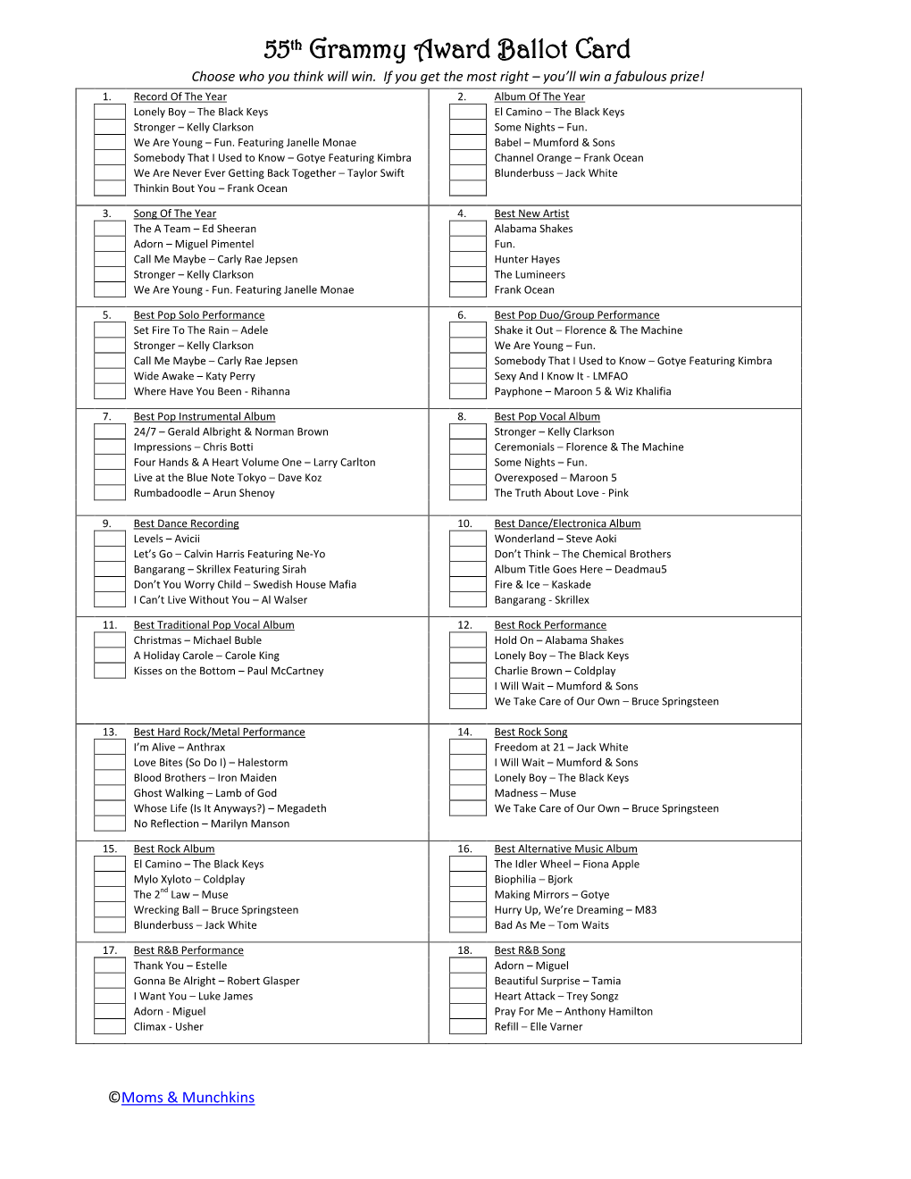 55Th Grammy Award Ballot Card Choose Who You Think Will Win