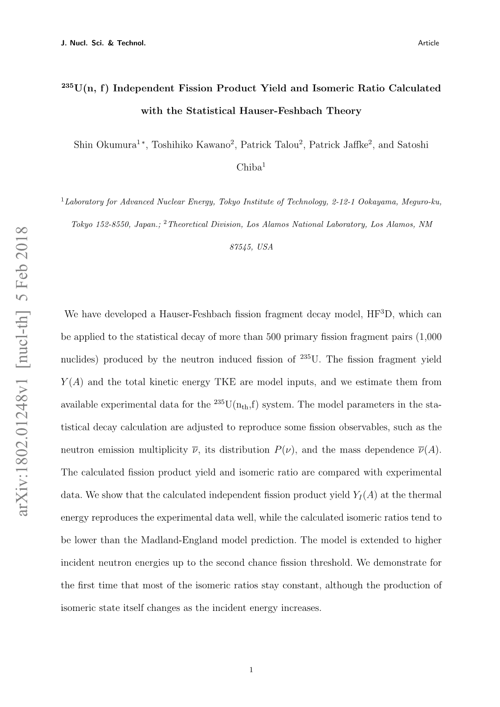 Arxiv:1802.01248V1 [Nucl-Th] 5 Feb 2018 Energy Reproduces the Experimental Data Well, While the Calculated Isomeric Ratios Tend To