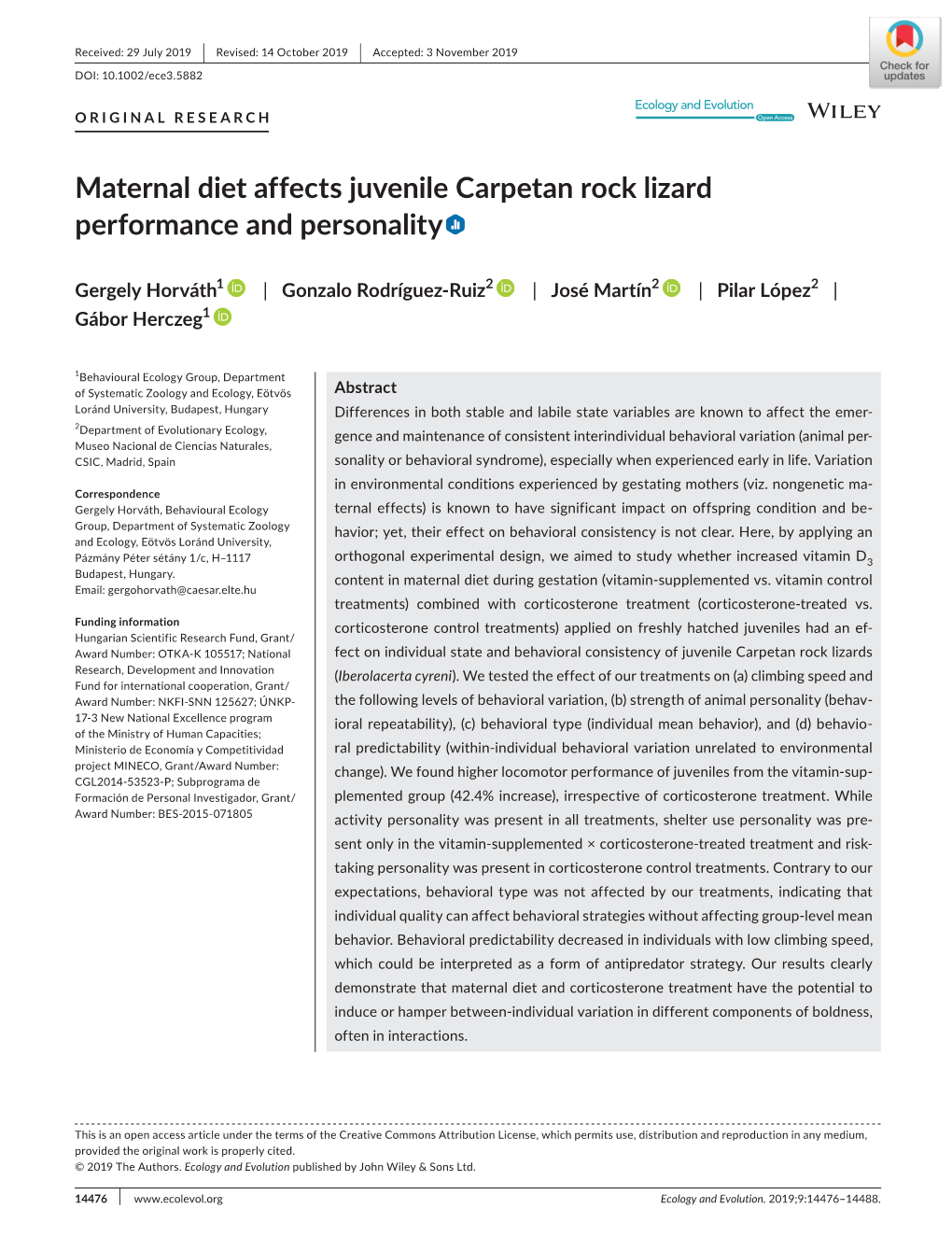 Maternal Diet Affects Juvenile Carpetan Rock Lizard Performance and Personality