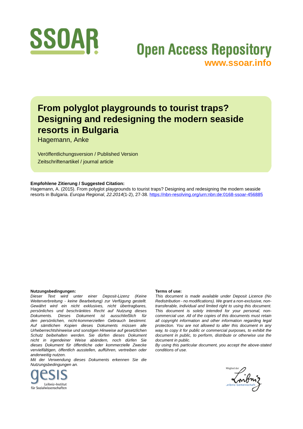 From Polyglot Playgrounds to Tourist Traps? Designing and Redesigning the Modern Seaside Resorts in Bulgaria Hagemann, Anke