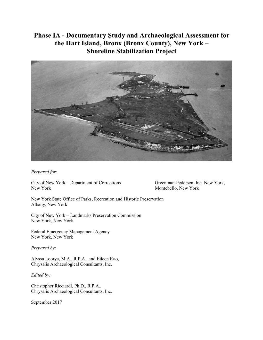 Documentary Study and Archaeological Assessment for the Hart Island, Bronx (Bronx County), New York – Shoreline Stabilization Project