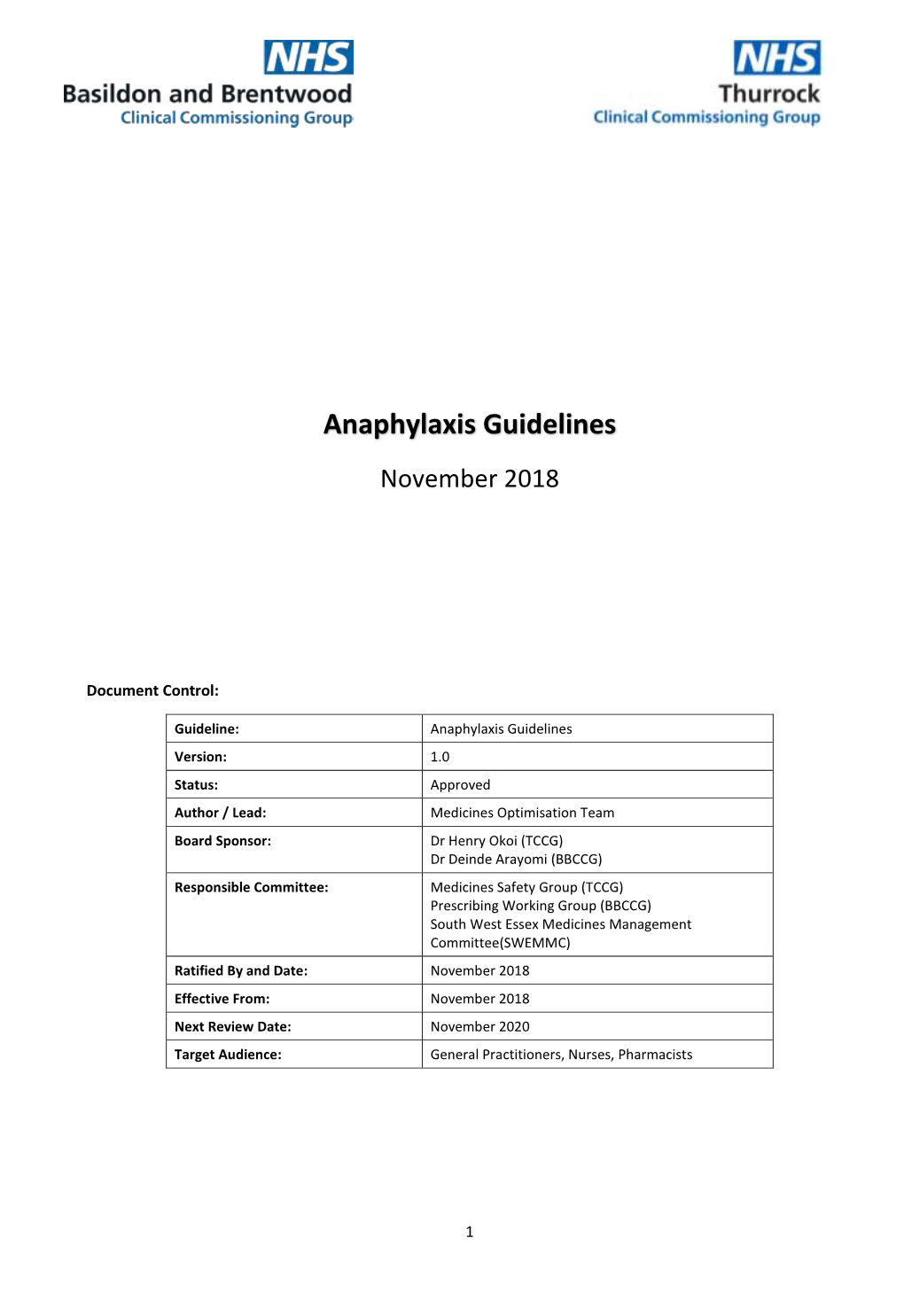 Anaphylaxis Guidelines November 2018