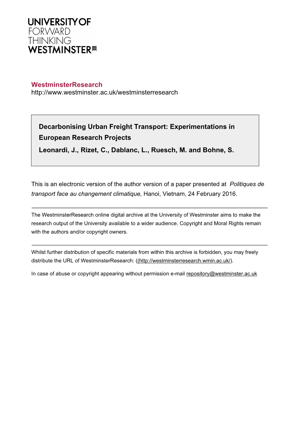 Westminsterresearch Decarbonising Urban Freight Transport