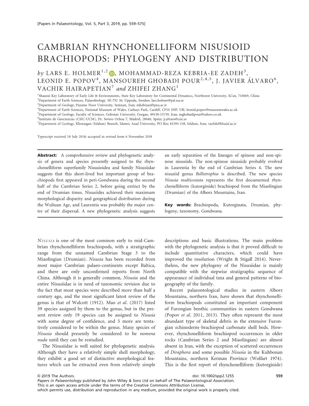 CAMBRIAN RHYNCHONELLIFORM NISUSIOID BRACHIOPODS: PHYLOGENY and DISTRIBUTION by LARS E