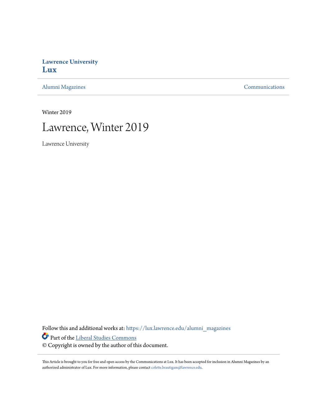 Lawrence, Winter 2019 Lawrence University