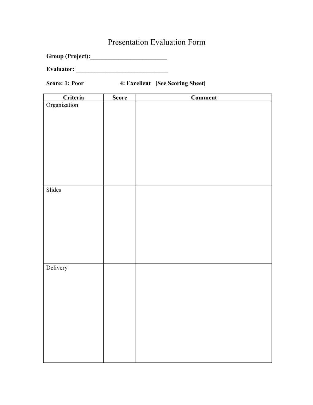 Presentation Evaluation Form