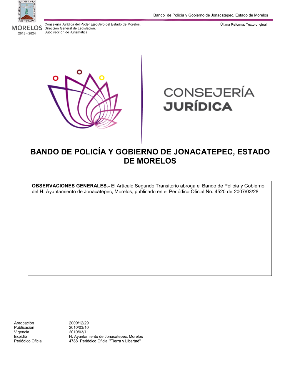 Bando De Policía Y Gobierno De Jonacatepec, Estado De Morelos