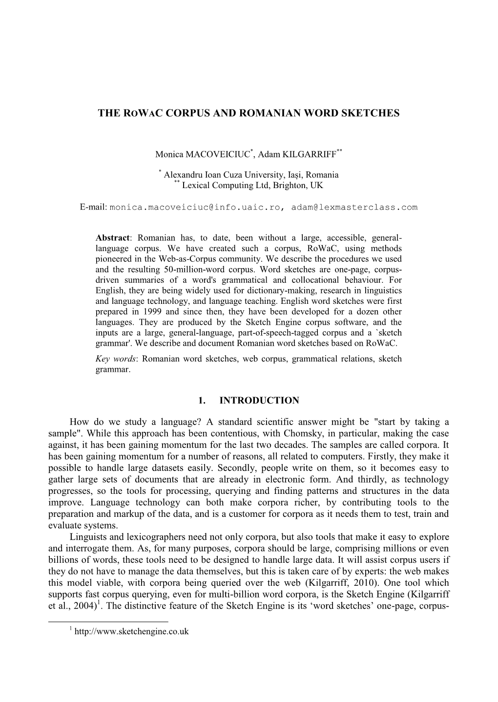 The Rowac Corpus and Romanian Word Sketches