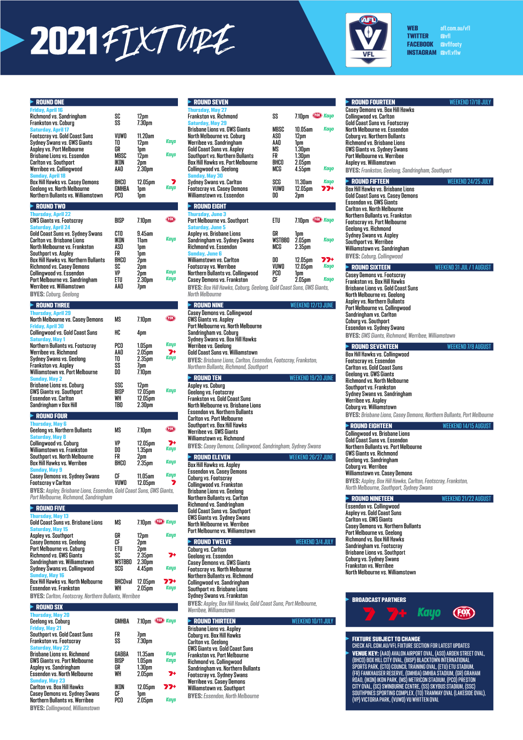 VFL FIXTURE SECTION for LATEST UPDATES Brisbane Lions Vs