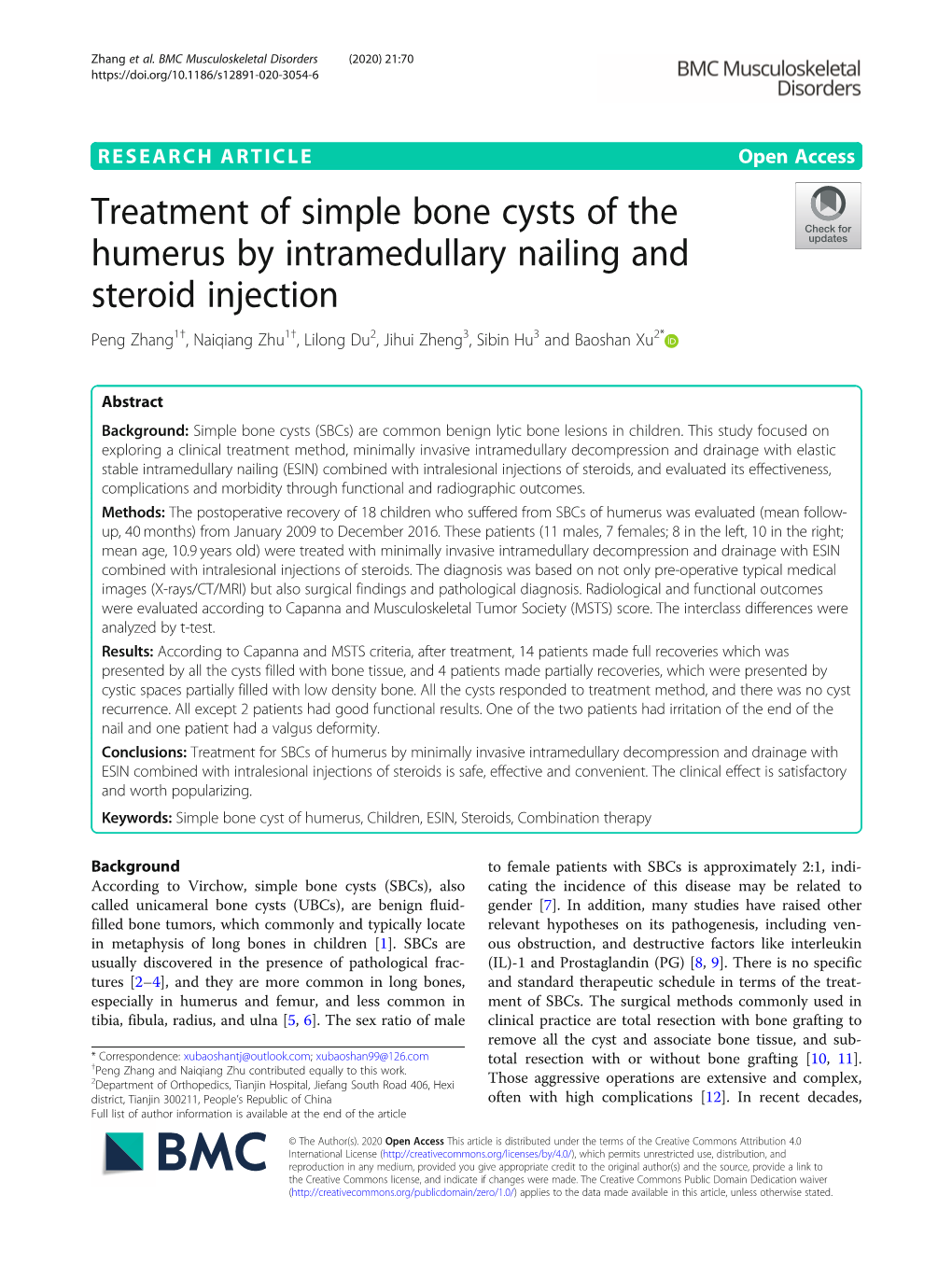 Treatment of Simple Bone Cysts of the Humerus by Intramedullary Nailing