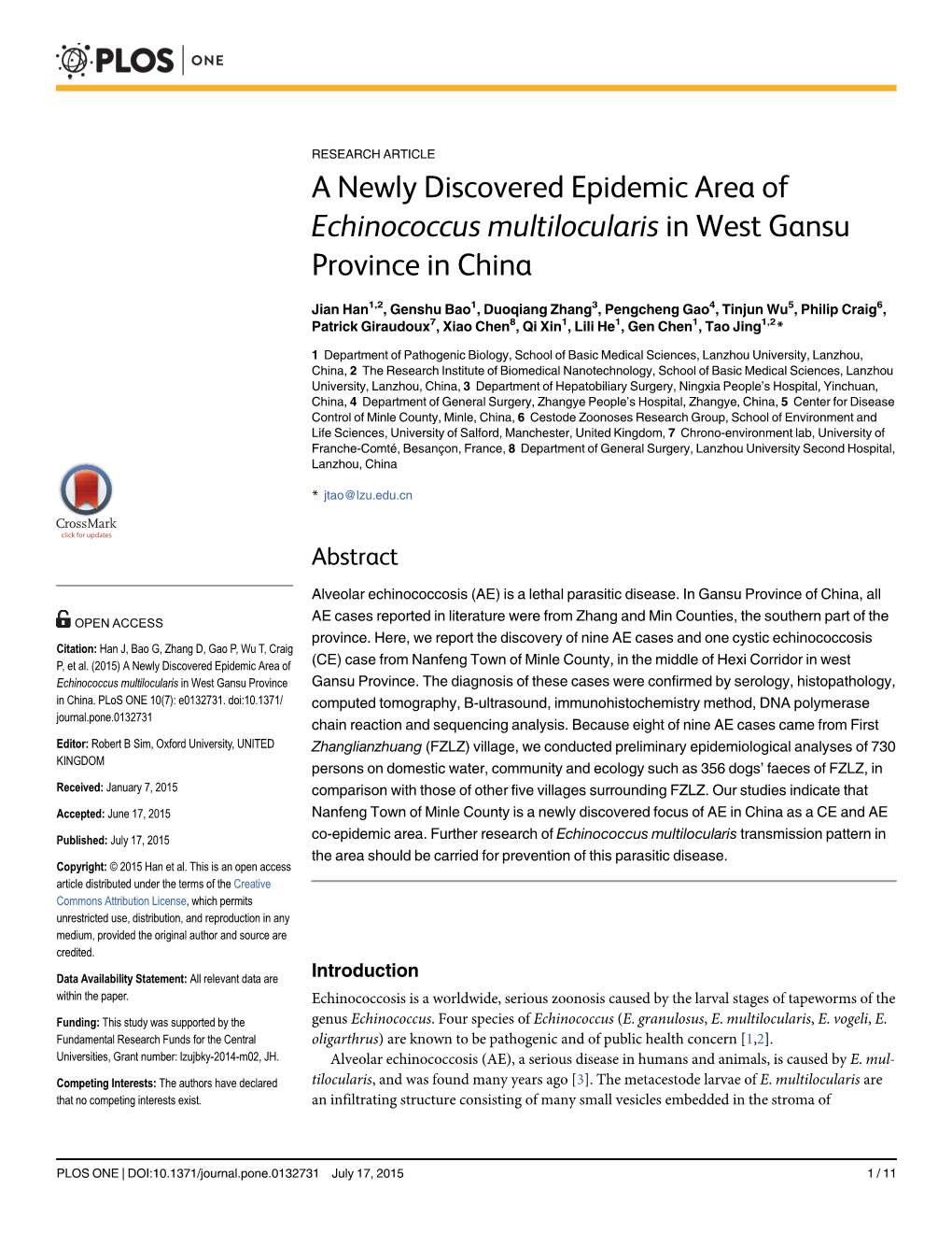 A Newly Discovered Epidemic Area of Echinococcus Multilocularis in West Gansu Province in China