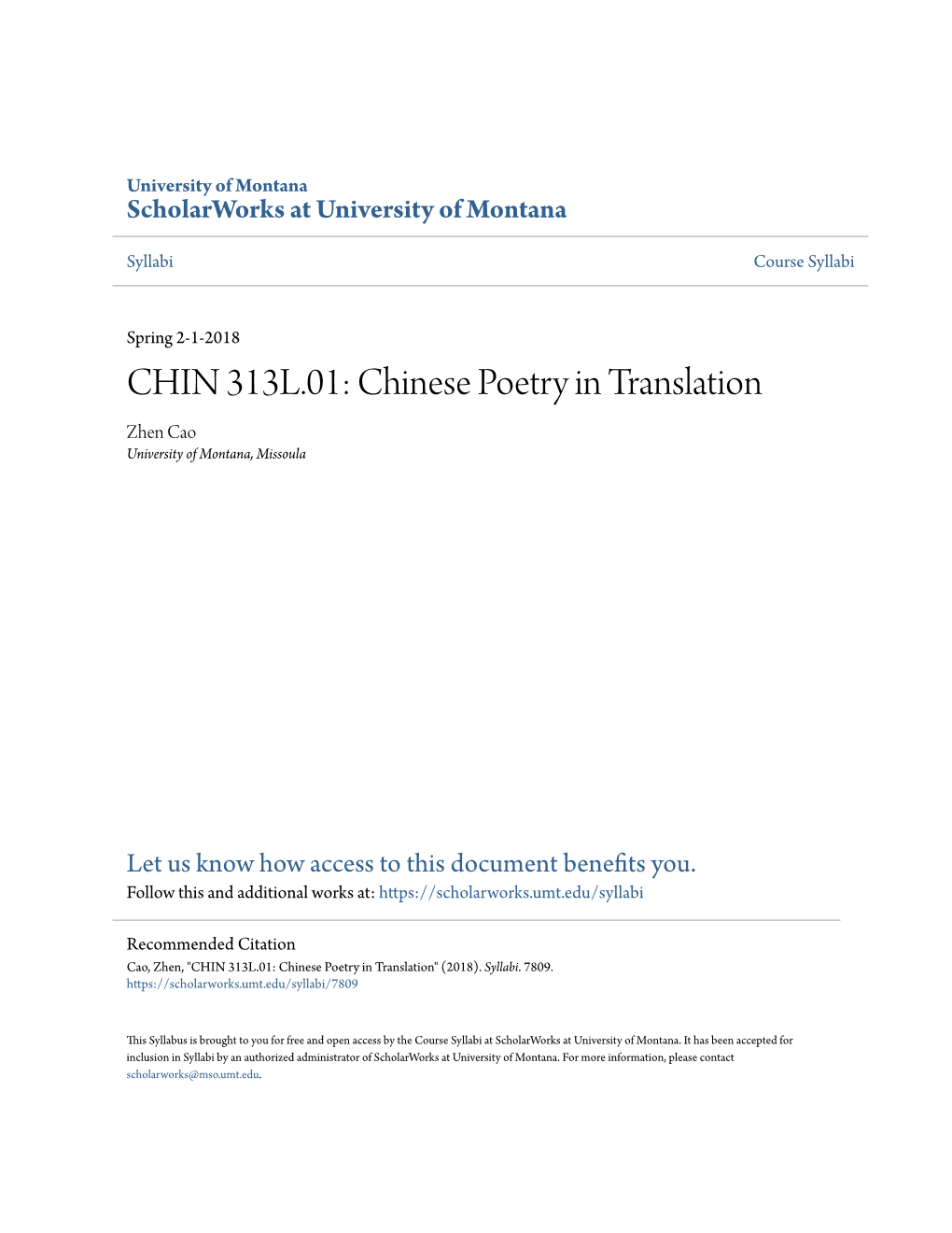 Chinese Poetry in Translation Zhen Cao University of Montana, Missoula