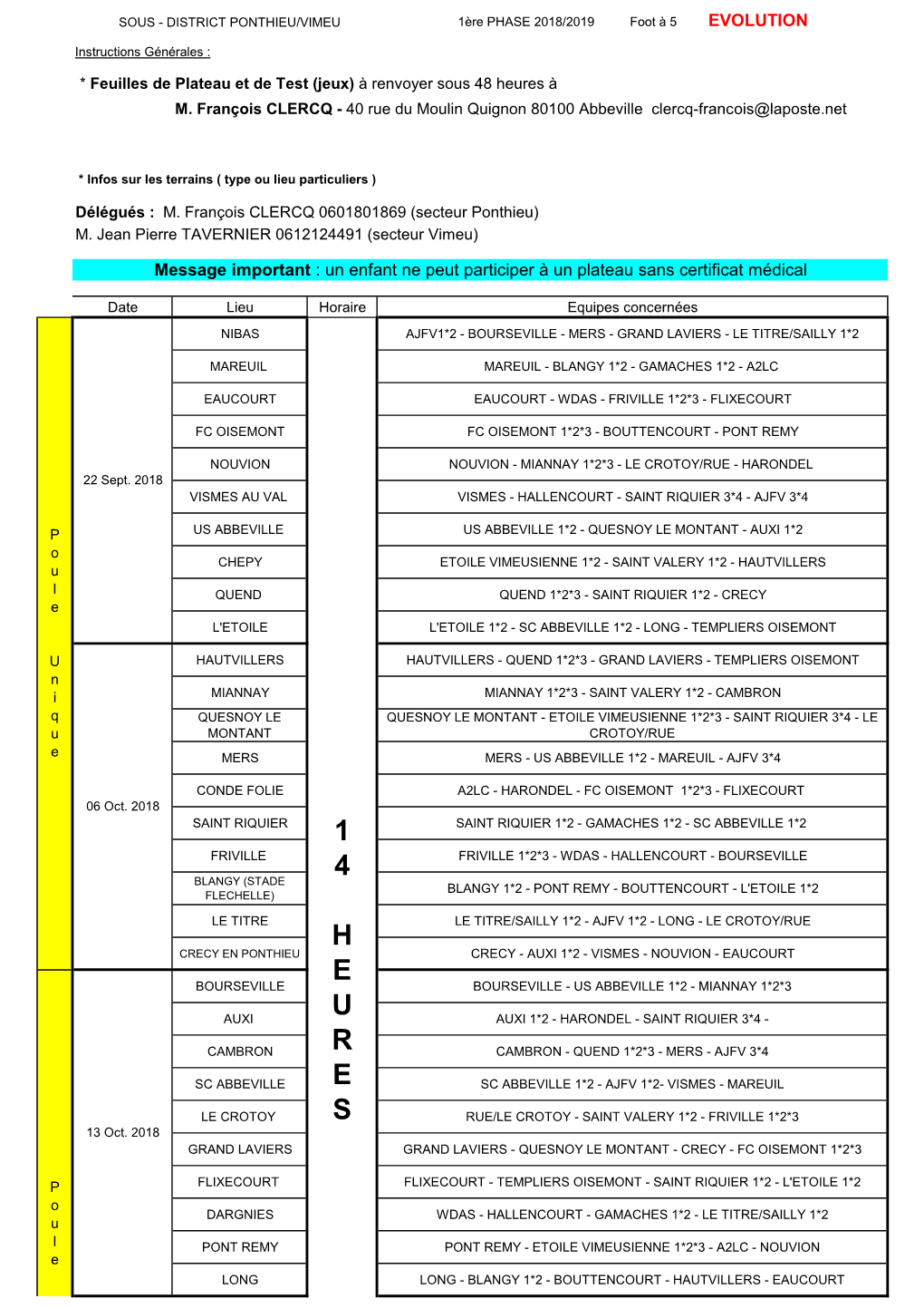 1Ère Phase 2018-2019 Calendrier Foot À 5