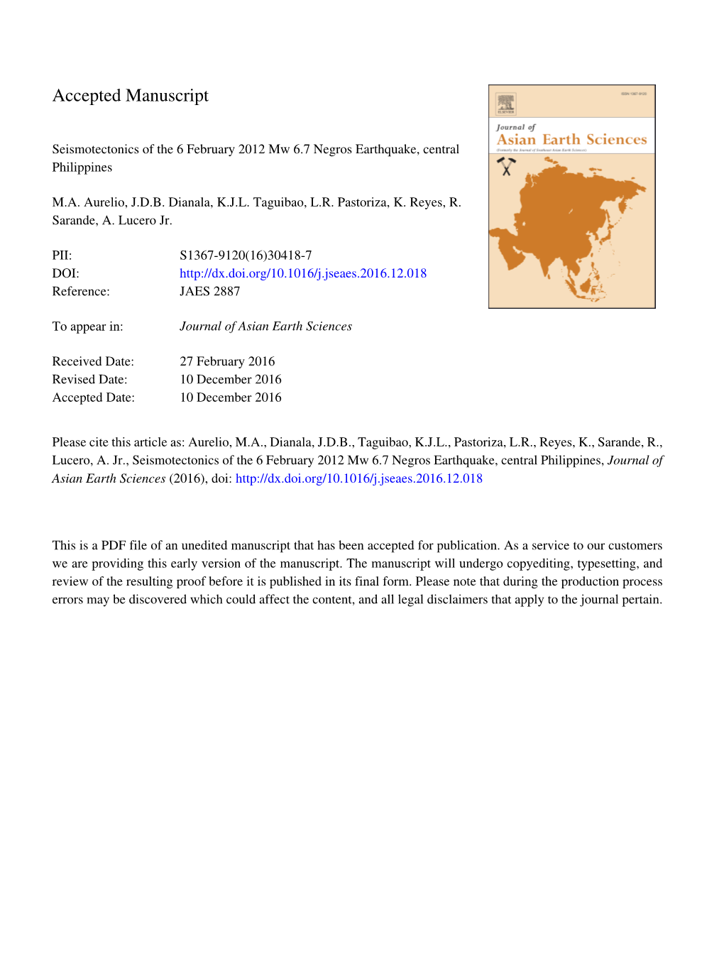 Seismotectonics of the 6 February 2012 Mw 6.7 Negros Earthquake, Central Philippines