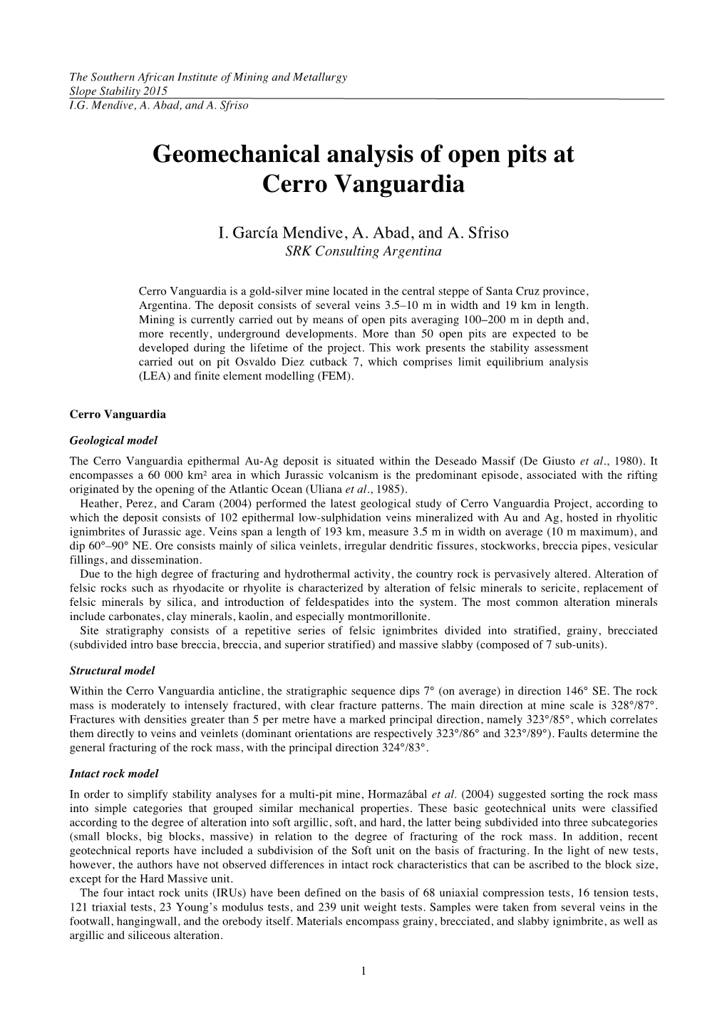 Geomechanical Analysis of Open Pits at Cerro Vanguardia