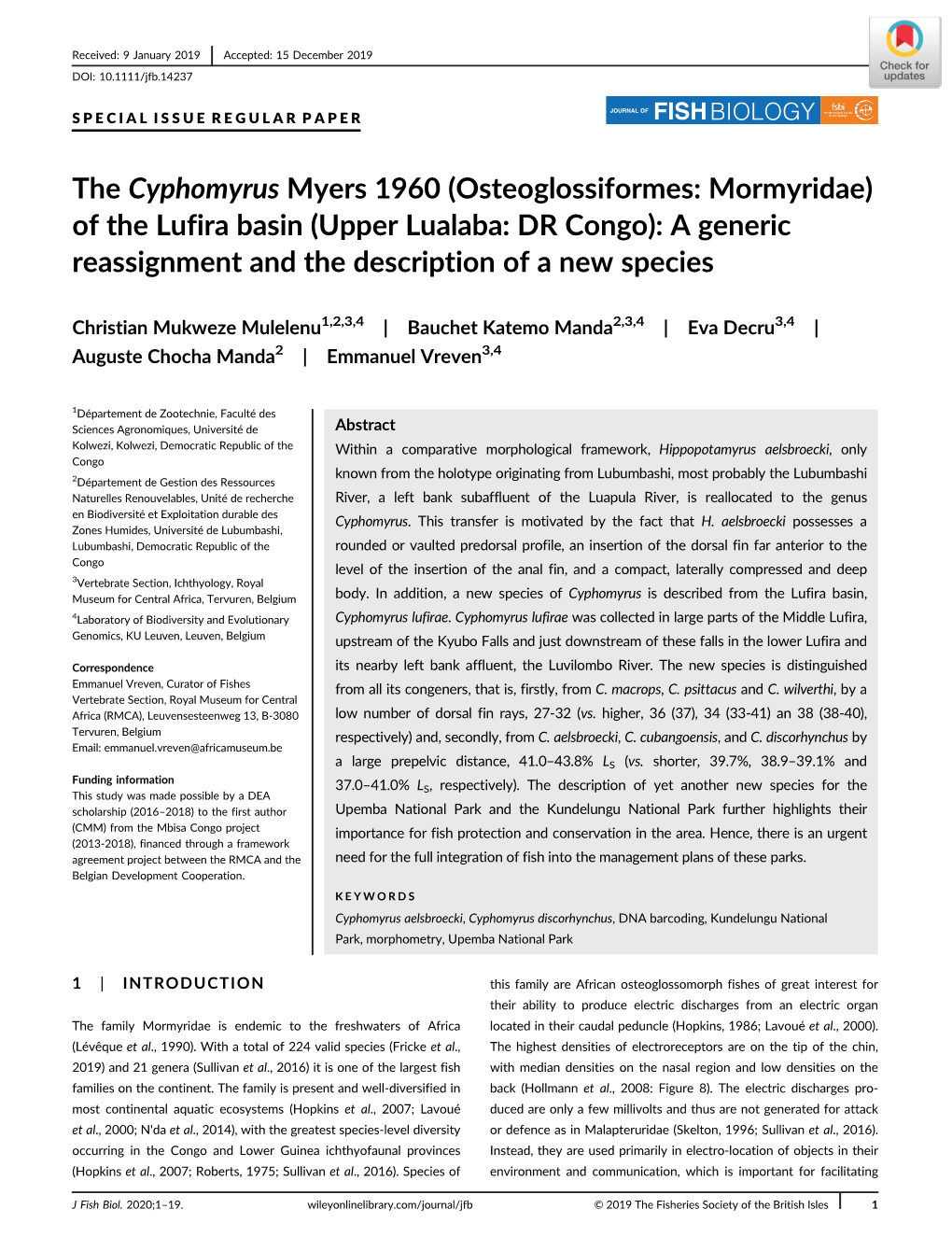 The Cyphomyrus Myers 1960 (Osteoglossiformes: Mormyridae) of the Lufira Basin (Upper Lualaba: DR Congo): a Generic Reassignment and the Description of a New Species