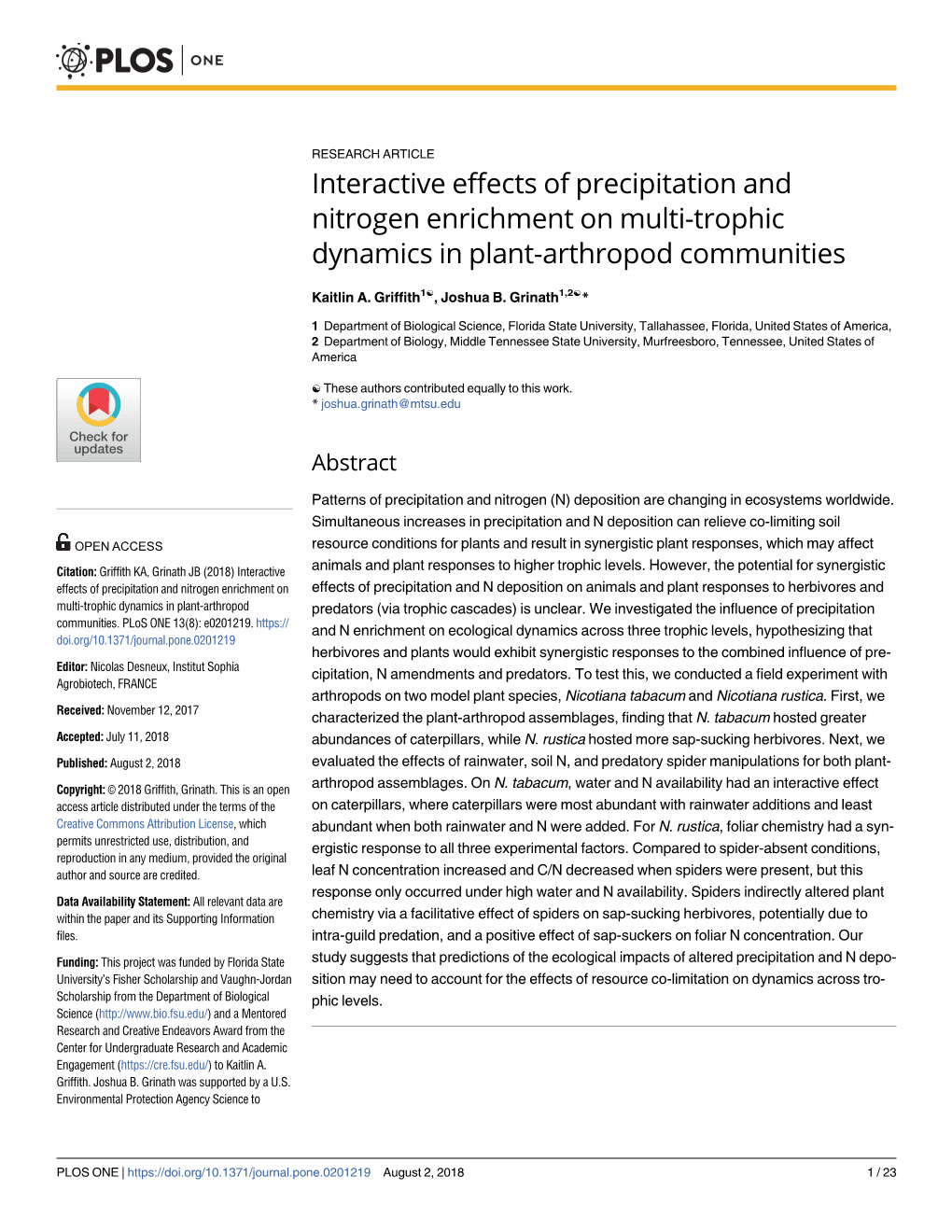Interactive Effects of Precipitation and Nitrogen Enrichment on Multi-Trophic Dynamics in Plant-Arthropod Communities