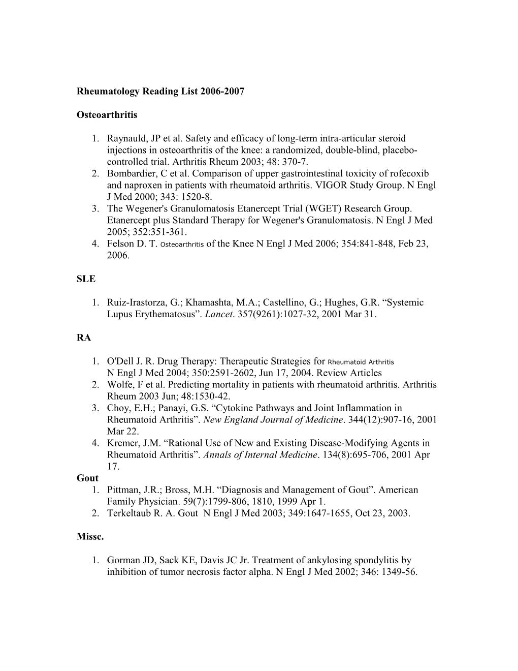 Rheumatology Reading List 2006-2007