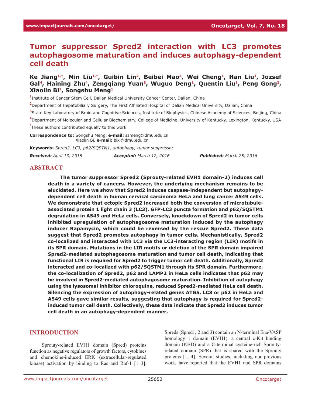 Tumor Suppressor Spred2 Interaction with LC3 Promotes Autophagosome Maturation and Induces Autophagy-Dependent Cell Death