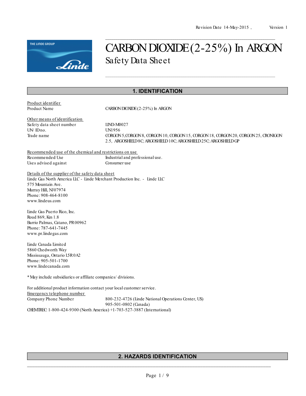 CARBON DIOXIDE (2-25%) in ARGON Safety Data Sheet