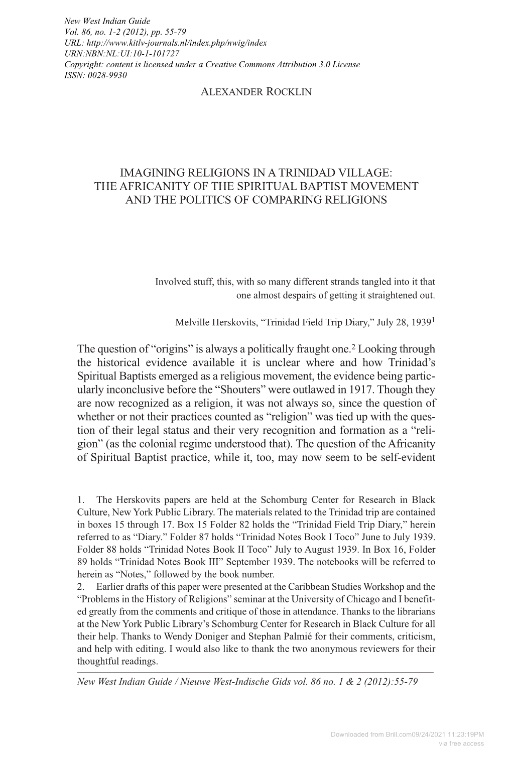 Imagining Religions in a Trinidad Village: the Africanity of the Spiritual Baptist Movement and the Politics of Comparing Religions