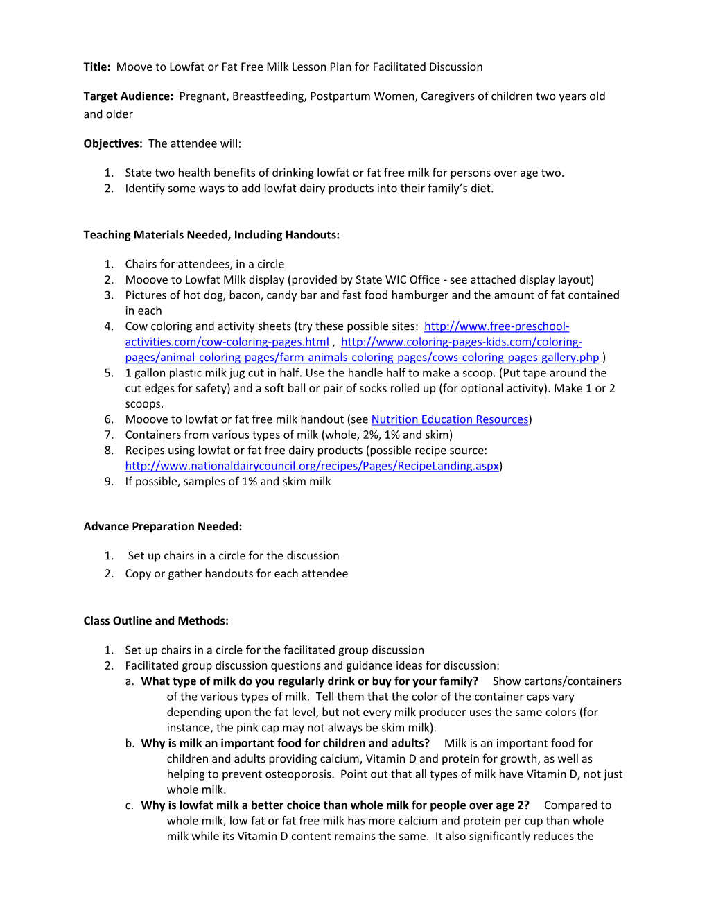 Title: Moove to Lowfat Or Fat Free Milk Lesson Plan for Facilitated Discussion