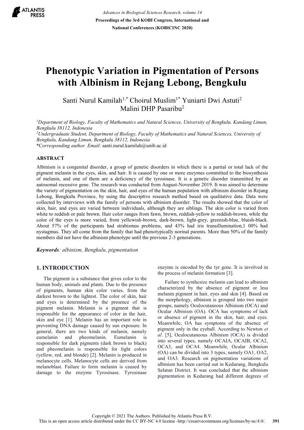 Phenotypic Variation in Pigmentation of Persons with Albinism in Rejang Lebong, Bengkulu