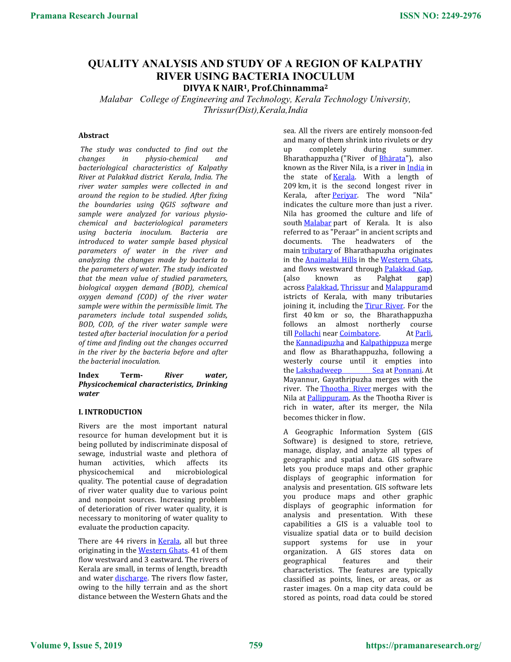 Quality Analysis and Study of a Region of Kalpathy River Using Bacteria