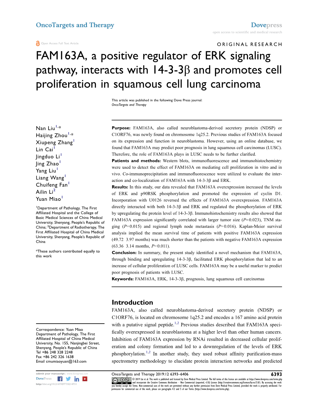 FAM163A, a Positive Regulator of ERK Signaling Pathway, Interacts with 14-3-3Β and Promotes Cell Proliferation in Squamous Cell Lung Carcinoma
