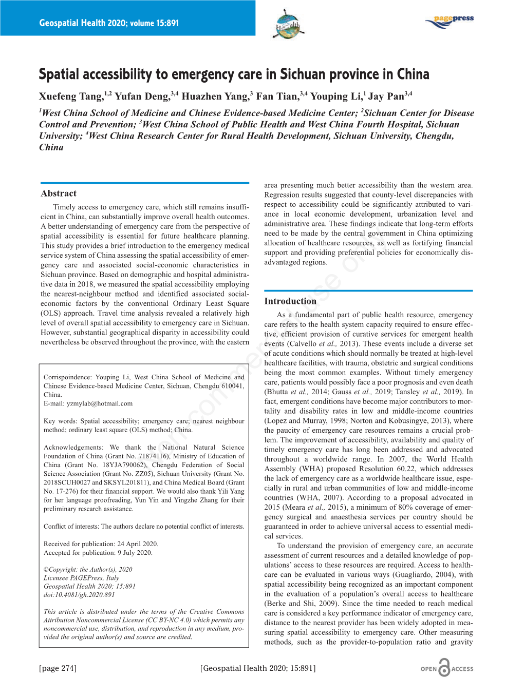 Spatial Accessibility to Emergency Care in Sichuan Province in China