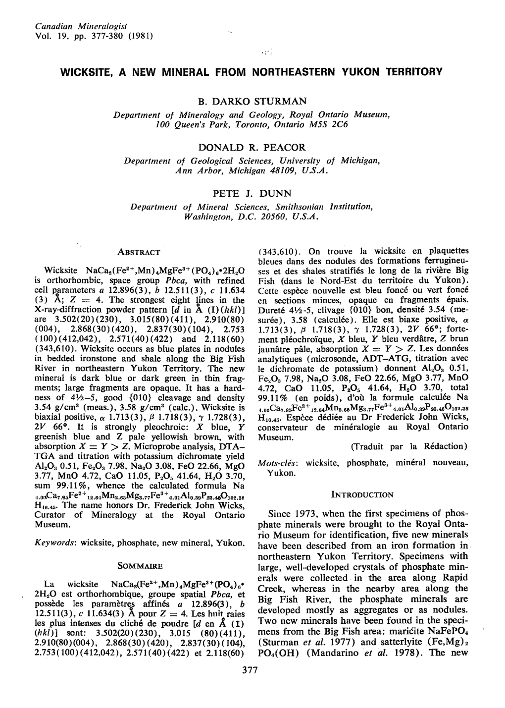 Wigksite, a New Mineral from Northeastern Yukon