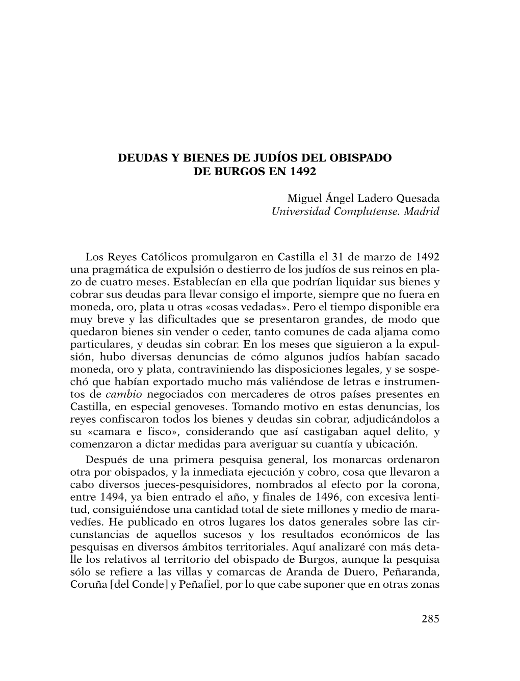 Deudas Y Bienes De Judíos Del Obispado De Burgos En 1492