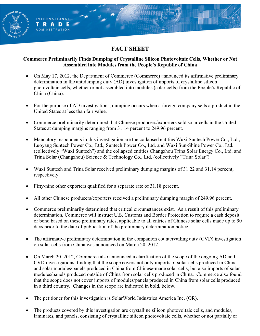 Commerce Preliminarily Finds Dumping of Crystalline Silicon Photovoltaic Cells, Whether Or Not Assembled Into Modules from the People’S Republic of China