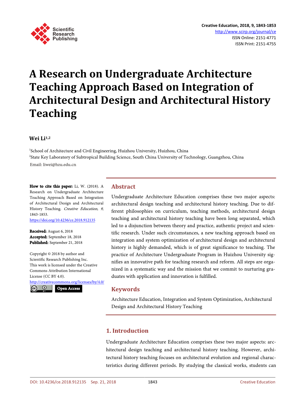 A Research on Undergraduate Architecture Teaching Approach Based on Integration of Architectural Design and Architectural History Teaching