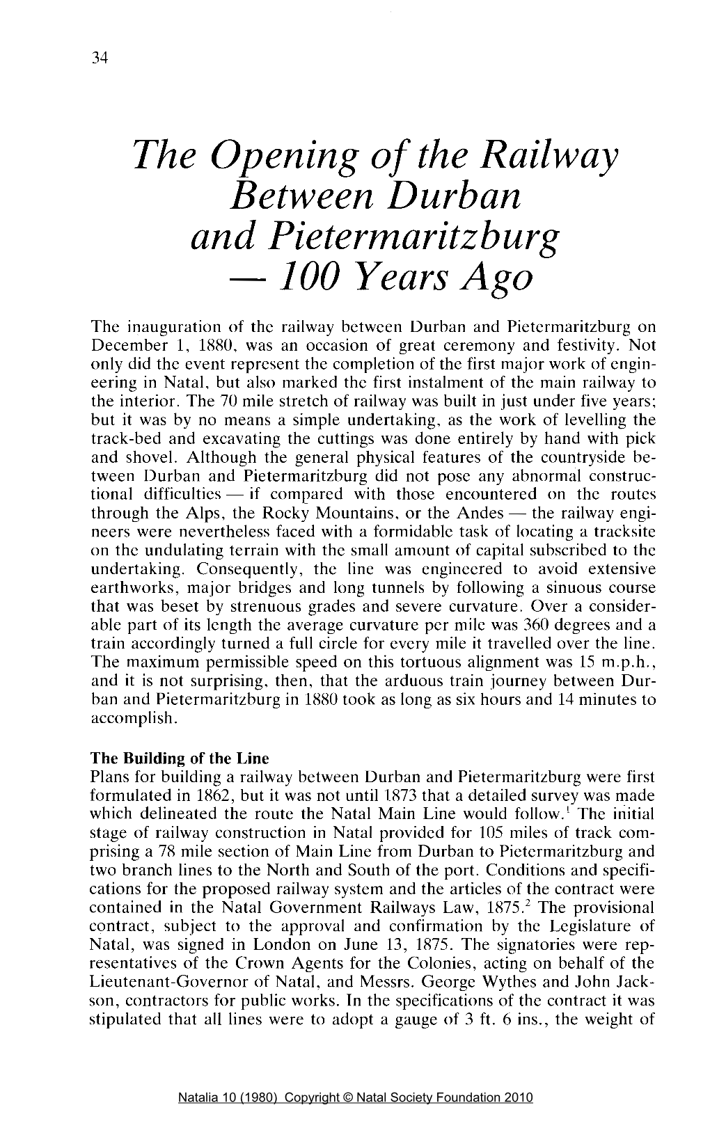 The Opening of the Railway Between Durban and Pietermaritzburg -100 Years Ago